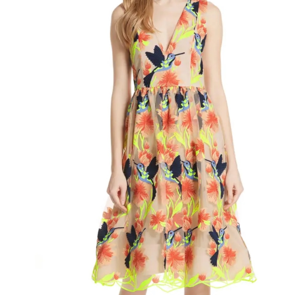Alice + Olivia Embroidered Hummingbird Flowers Becca Dress
